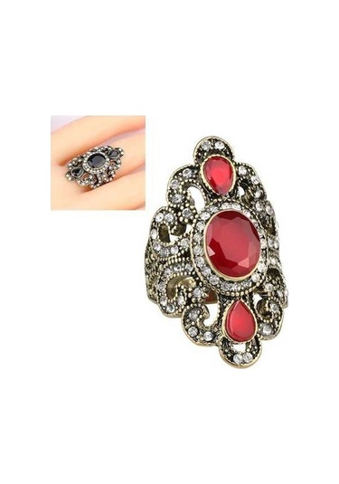 Fastbuy Vintage Ethnic Carved Inlaid Acrylic Resin Hollow Ring, Size 9, Red Çok Renkli Elegance Women's Fashion Jewelry Çok Renkli