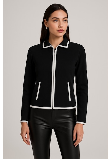 Kadın Fermuarlı Uzun Kol Cepli Spor Şık Tasarım Ceket Siyah