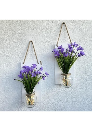 Led Işıklı, Lila Nergis Çiçekli Duvar Dekoru Beyaz İkili Set Beyaz