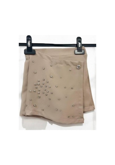 Kız Çocuk Taş İşlemeli Şort Etek-14394 Vizon