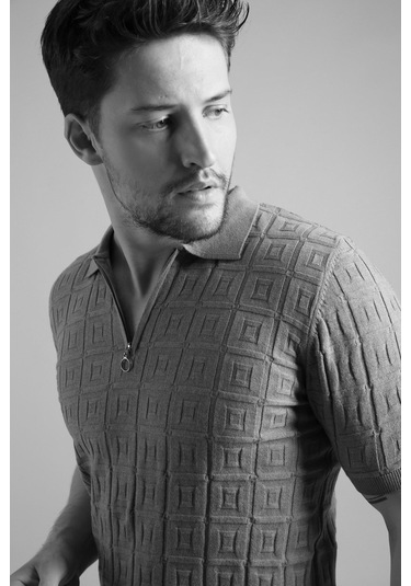 Ferraro Camel Polo Yaka Fermuarlı Erkek Pamuk Triko T-Shirt-Kahverengi (490417687) Kahverengi