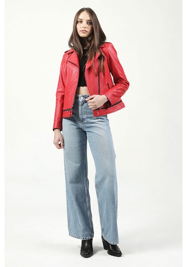 Dericlub Yb-Rm416 Croko Baskılı Gerçek Deri Kadın Mont Kırmızı