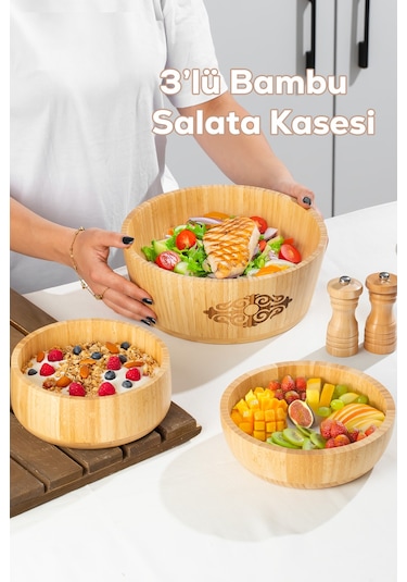 Porsima 3lü Doğal Bambu Salata Kasesi Seti Bambu