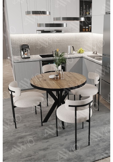 Avvio Lonya Teddy Sandalye 90x90 Yuvarlak Yemek Masası Mutfak Masası 4 Kişilik Masa Sandalye Takımı Akça