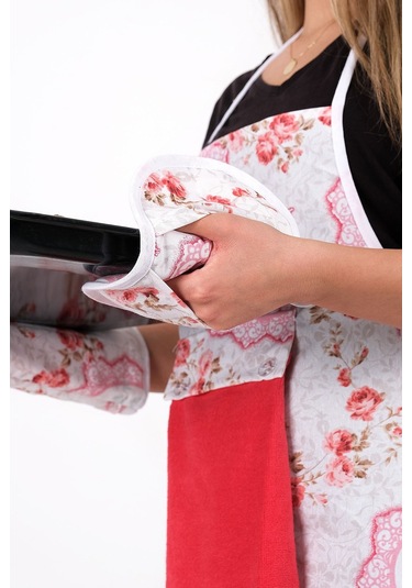 Flower 4lü Set Mutfak Önlüğü Havlulu Mutfak Önlüğü Fırın Eldiveni Ve Tutacak Kırmızı