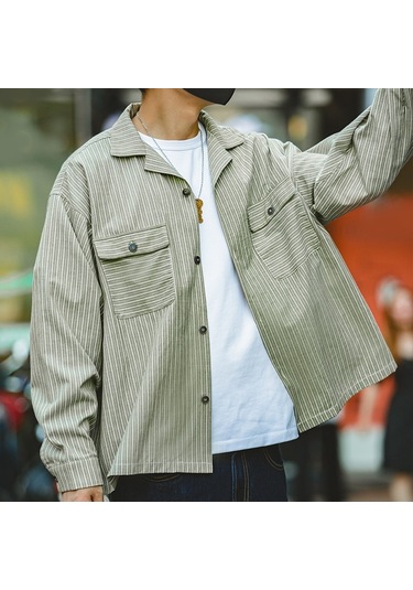 Sones Tw2007207 Erkek Vintage Çizgili Küba Yaka Gömlek Uzun Kollu Üst Yeşil Çok Renkli