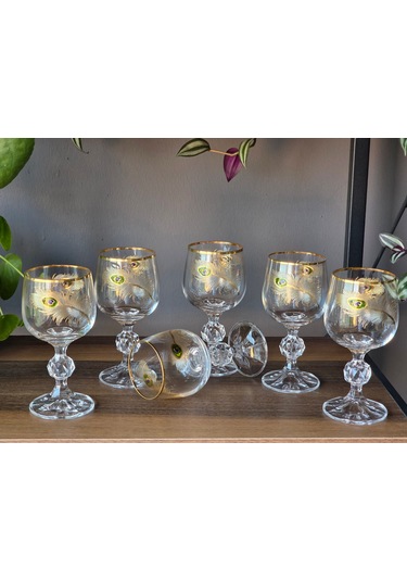 Fermato 6 'lı 24k El İşçiliği - Gerçek Altın İşlemeli 150 Cc'lik Kahve Yanı Kristal Bardak Peacock Gold Çok Renkli