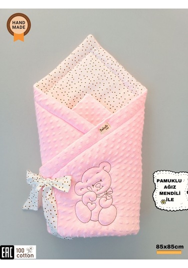 Nohut Bebek Battaniyesi & Kundağı Ayıcık İşlemeli Hastane Çıkışı Yenidoğan Örtü / Yorgan Pembe