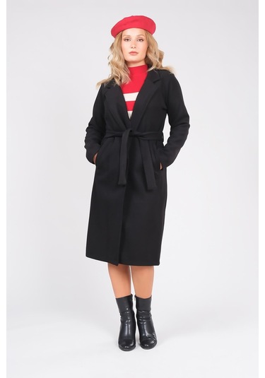 Giyim Dünyası Kadın Astarsız Kuşaklı Kaşe Kaban Siyah 001