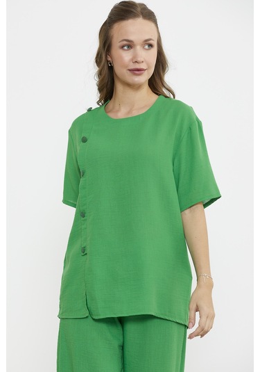 Düğme Detaylı Keten Görünümlü Rahat Takım - Yeşil Yeşil