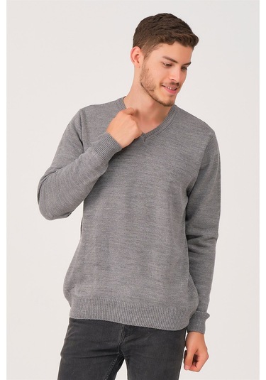 V0036 Dewberry Erkek V-neck Kazak-gri Gri