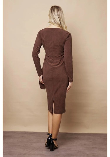 Kadın Kadife Kumaş Kruvaze Anvelop Bağcıklı Uzun Kol Diz Altı Elbise-kahve Kahve