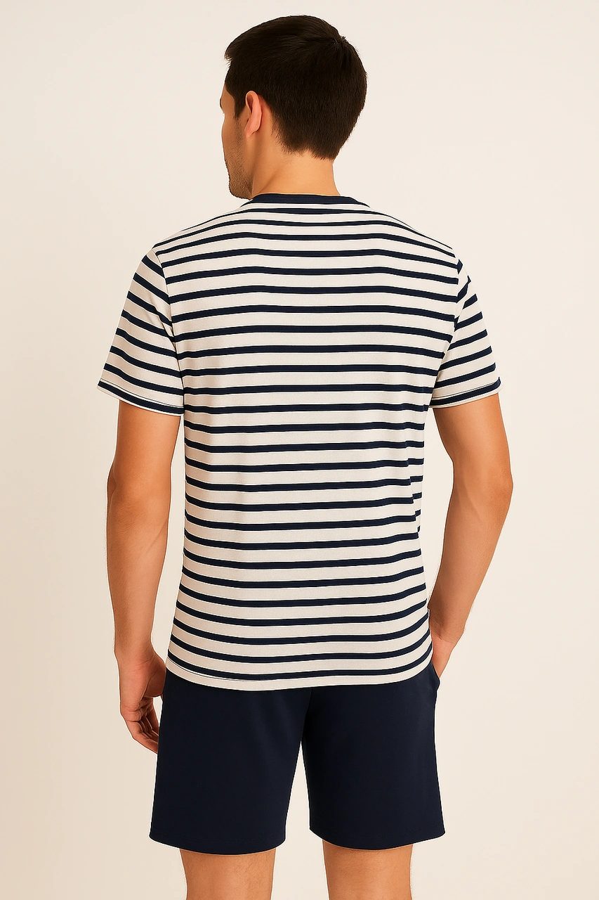 Erkek Pamuklu Lacivert Çizgili Şort Takım Ke30326 Lacivert - Beyaz