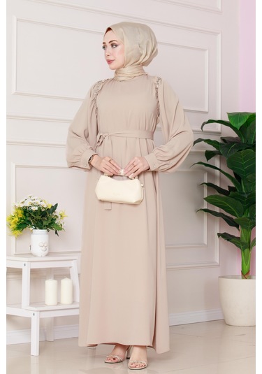 Omuzu Taş Detaylı Rose Elbise-bej-4778 Bej