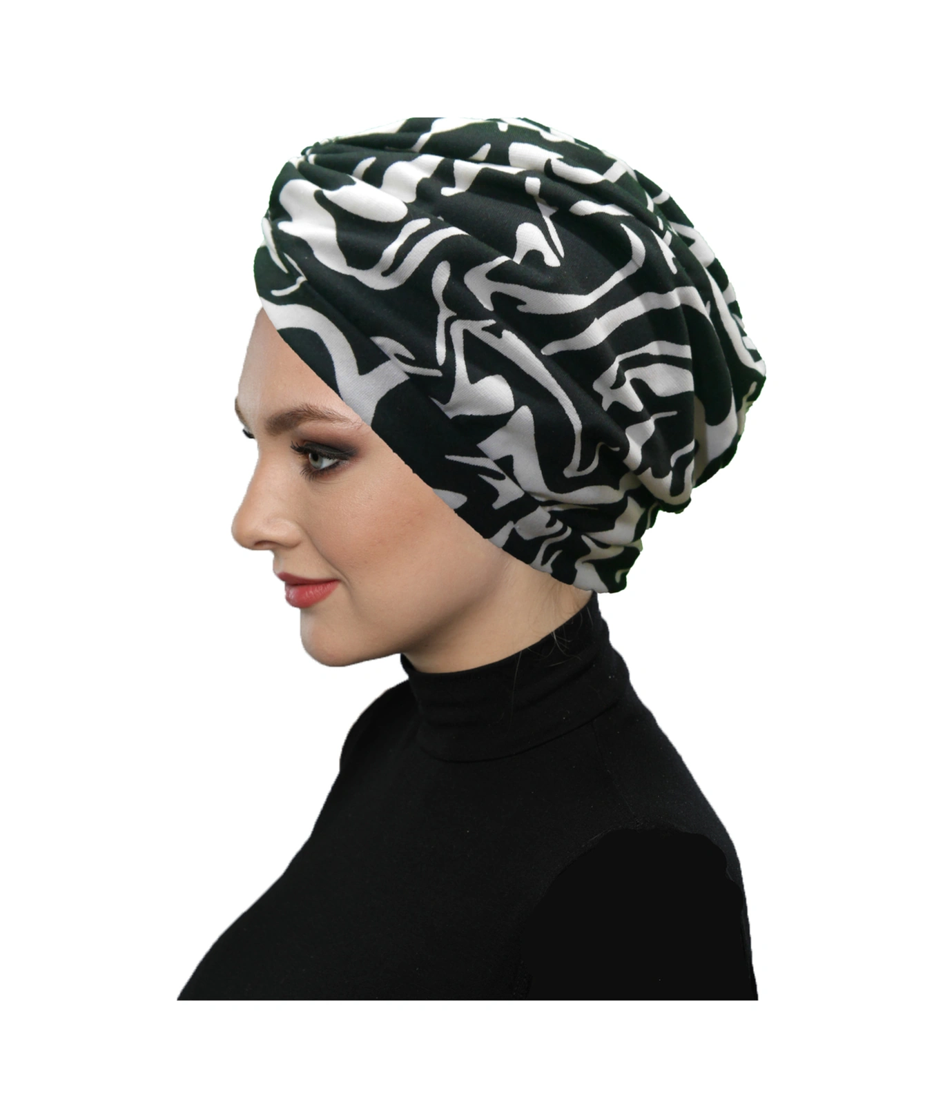 Gölge Dansı Desenli Çapraz Ve Bant Detaylı Astarlı Hazır Türban Tesettür Havuz Bonesi Siyah-krem