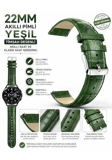 22mm Yeşil Krokodil Baskılı Deri Saat Kordonu Akıllı Pimli 46mm Saat Uyumlu Kayış