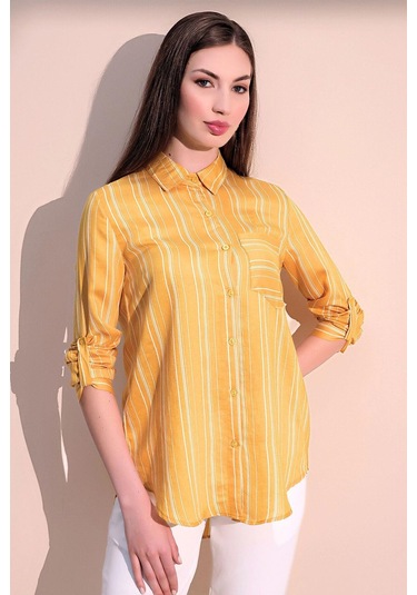 Kadın Sarı Uzun Kol Özel Kumaş Tek Cep Gömlek Dik Çizgili Arkası Uzun Basic Kesim Gömlek Sarı