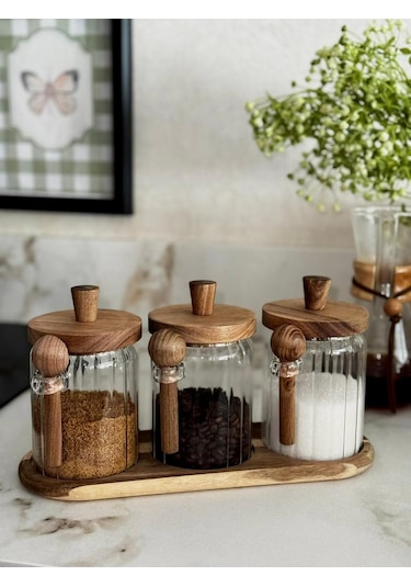 Qerhome Akasya Kaşıklı Standlı Cam Kavanoz Seti 550 Ml Beyaz