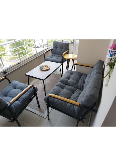 Modern Jüpiter Balkon, Bahçe, Cafe - Metal Kanepe Koltuk Takımı - 2+1+1 + Sehpa Antrasit Modernsh59 Antrasit