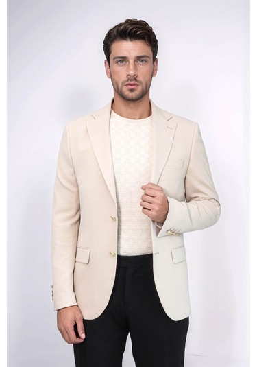 Bej Kendinden Desenli Örme Altın Renk Metal Düğmeli Slim Fit Erkek Blazer Ceket - Wessi Cream