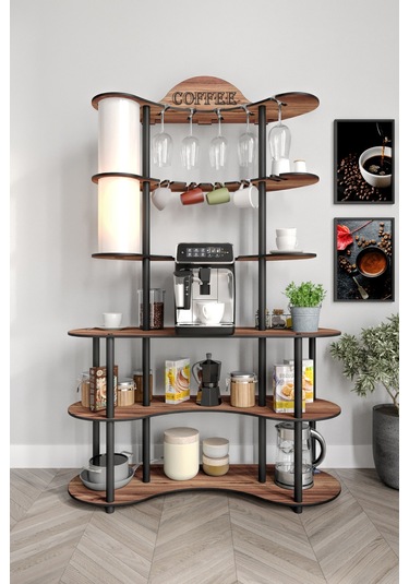 Brew-blıss Mutlu Kahve Köşesi-çok Amaçlı Mutfak Rafı Madran Ceviz-lambader Aydınlatmalı Ceviz