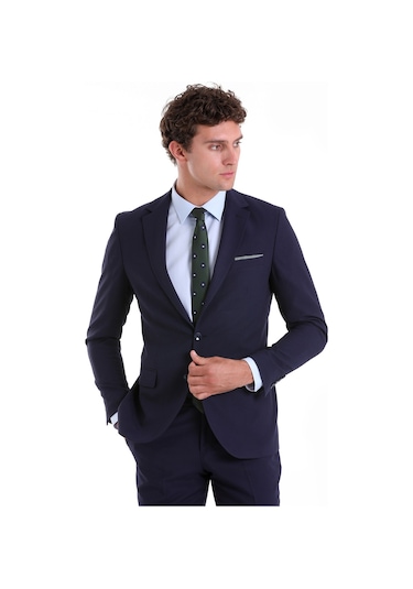 Hatemoğlu Lacivert D. Slim Fit Desenli Mono Yaka Klasik Takım Elbise Lacivert