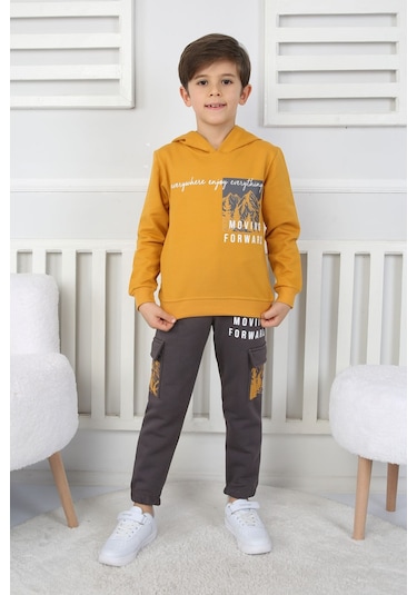 Moving Forward Kargo Cep Kapüşonlu 2 İplik Şardonlu Alt-üst Erkek Çocuk Eşofman Takımı Hardal