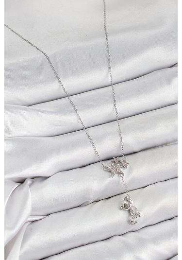 Pirinç Zirkon Taşlı Sallantılı Ayıcıklı Yıldız Model Gümüş Renk Kadın Kolye Çok Renkli