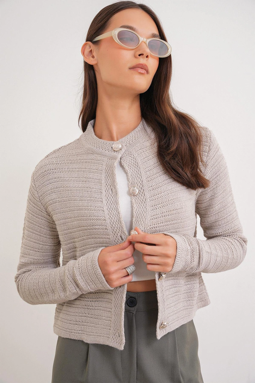 6778 Kadın Links Desenli Crop Triko Hırka Taş Taş