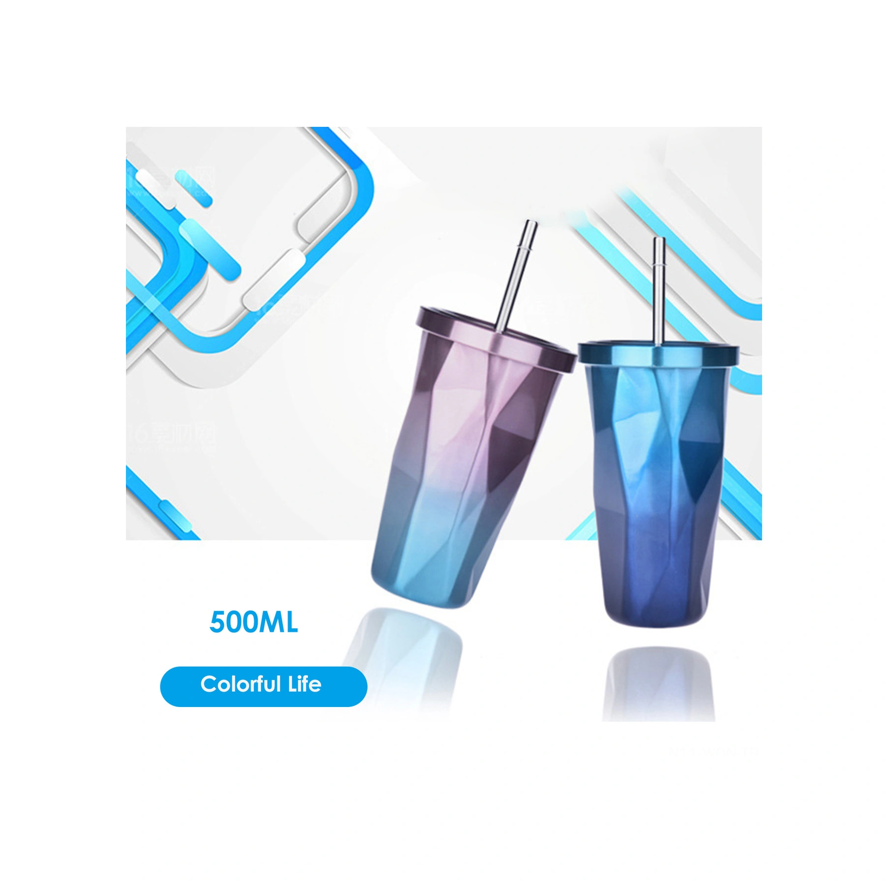 Neevoyu Stahl Çift Katlı 500ml Termos Bardak, İbrikli, Renkli Desenli, Isı Ve Soğuk Saklama Özelliği