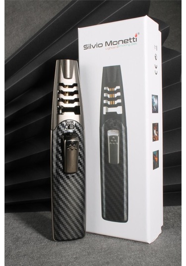 Silvio Monetti Siyah Renk Güçlü Karbon Desen Metal Başlık Pürmüz Gazlı Çakmak 24csm898mr01