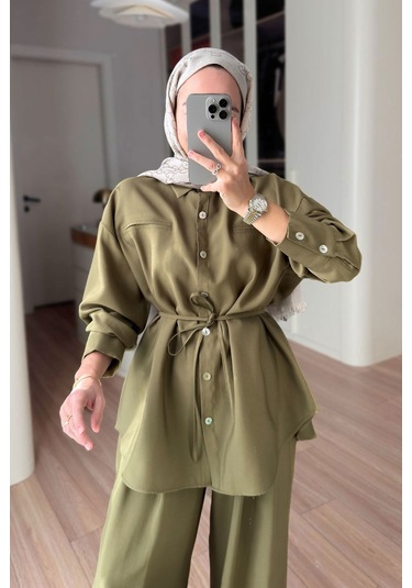 Ka Hijab Bağcıklı Bluz Pantolon Takım - Haki
