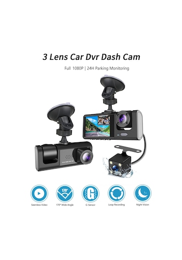 Youtek Üç Kameralı Araba Sürücü Kaydedici: Ön+arka+iç Mekan, 1080p/720p/480p, Sürekli Kayıt, Hareket Algılama, İç Kamerada Gece Görüşü Lambası