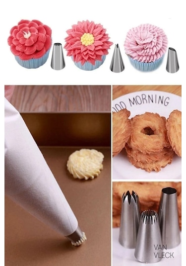 10 Parça Krema Sıkma Torbası Seti Paslanmaz Çelik Uçlu Pasta, Kek Ve Süsleme Torbası Beyaz