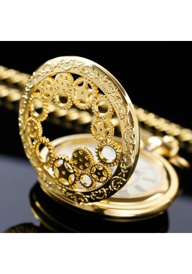 Köstekli Çarklı İşlemeli Gold Renk Cep Saati