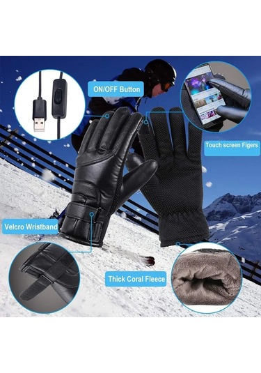 Yuntech01 Usb Isıtmalı Siyah Motosiklet Eldiveni - Su Geçirmez, Dokunmatik Ekran Uyumlu, Sürekli Sıcaklık Isı Kontrolü