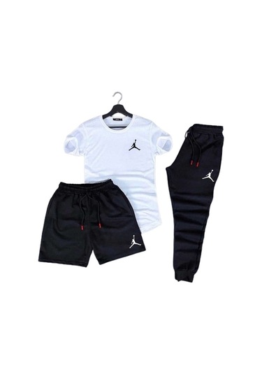 Fifty Color 3'lü Slim Fit Unisex Tshirt-Şort-Eşofman Takımı Beyaz - Siyah Jrd Beyaz - Siyah