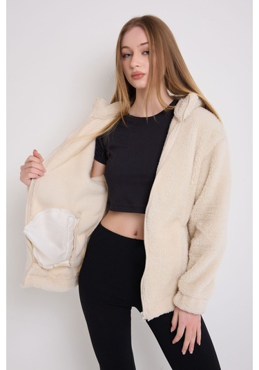 Kadın Ekru Peluş Rüzgar Geçirmez Welsoft Çift Cepli Kapüşonlu Kışlık Mont Ekru