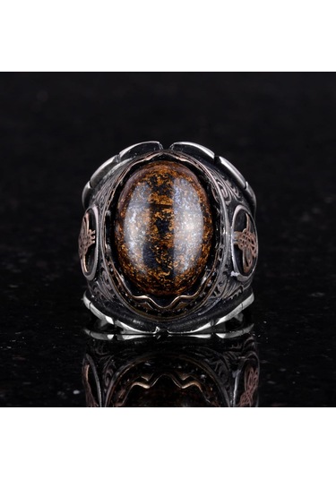 Gerçek Doğal Bronzit Taş Yüzük, 925 Ayar Katı Gümüş Erkek Yüzüğü, Osmanlı Tuğra Yüzüğü Gümüş
