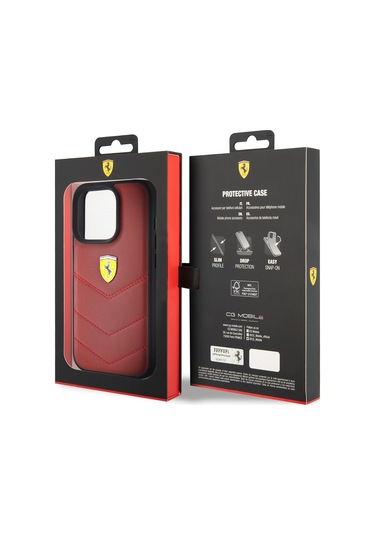 İphone Uyumlu 15 Pro Kılıf Ferrari Lisanslı Deri Dikişli Arka Yüzey Metal Logo Tasarımlı Kırmızı