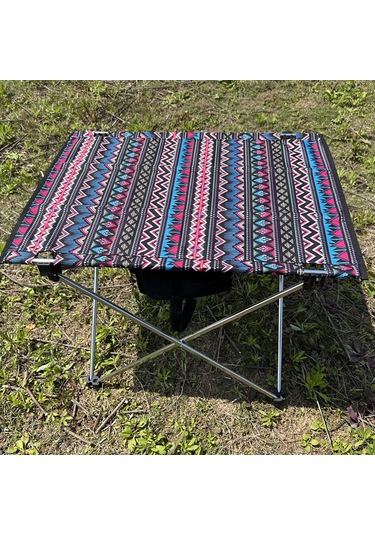 Halın Katlanır Kamp Masa Oxford Kumaş Alüminyum Alaşımlı Dirsek Masası -Etnik Desen Çok Renkli