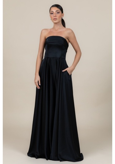 Doridorca Kadın Straplez Saten Kumaş Uzun Abiye Elbise 6135 Siyah Siyah