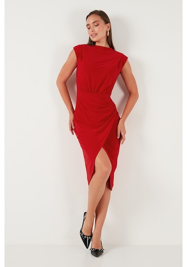 Lela Drape Ve Yırtmaç Detaylı Sıfır Yaka Kolsuz Midi Boy Bayan Elbise 611El694 Kırmızı
