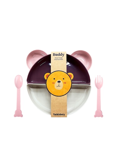 Tucklebery Buddy Mama Tabağı ve Çatal Kaşık Seti Pembe - Mor - Bej
