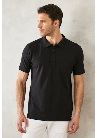 Ac&Co / Altınyıldız Classics Erkek Koyu Siyah Polo Yaka Cepli Regular Fit Bol Kesim Düz Tişört 4A4820200004SssxXL Siyah