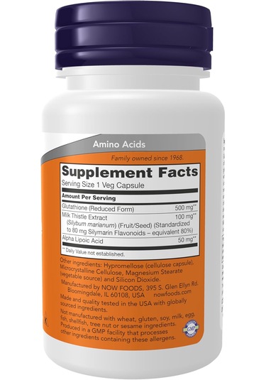 Now Foods Glutathione 500 Mg With Milk Thistle Extract & Alpha Lipoic Acid Detox Free Radical Neutralizer 30 Veg Caps