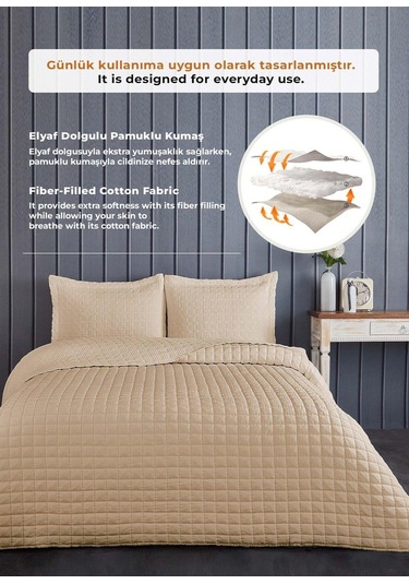 Evlen Home Joy Pamuklu Yatak Örtüsü Seti Çift Kişilik 3 Parça Elyaf Dolgulu Yumuşak Günlük Yıkanabilir Bej
