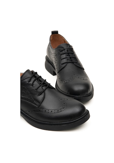 Hakiki Deri Bağcıklı Kadın Oxford Ayakkabı Siyah