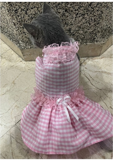 Pembe Beyaz Kareli Kurdeleli Kedi Köpek Kıyafeti Xsmall/xs/beden0