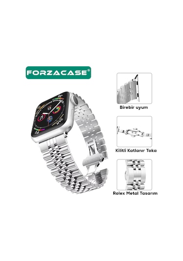 Forzacase Apple Watch 9 45mm İle Uyumlu Rolex Tasarım Metal Kordon Kayış - Fc878 Gümüş